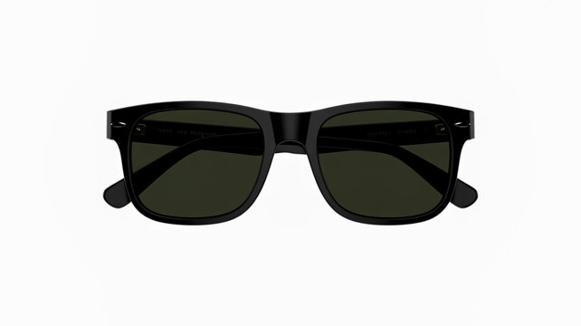 A product photo of black rectangular sunglasses with dark green lenses against a pure white background.