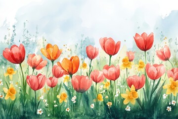 Obraz premium A colorful watercolor painting of red and yellow flowers blooming in a lush green garden under a bright sky.