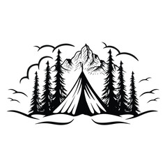 camping logo. vintage style mountain and pine forest theme, perfect for summer camping