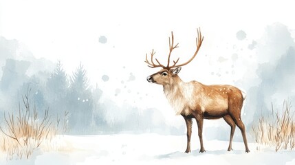 A majestic deer with antlers stands in a snowy winter landscape, surrounded by frosty trees and grasses.