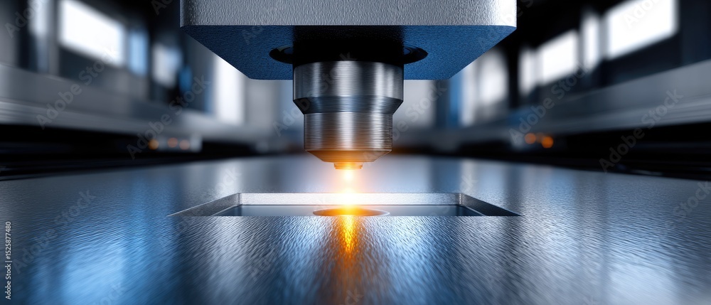 Poster a laser cutting machine precisely cuts a sheet of metal, creating sparks and a clean edge in an indu