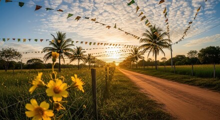 Road decorated with colorful flags for Brazilian June Festival
