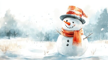 Obraz premium A cheerful snowman with an orange scarf and hat stands in a snowy winter landscape, surrounded by trees and gentle snowfall.