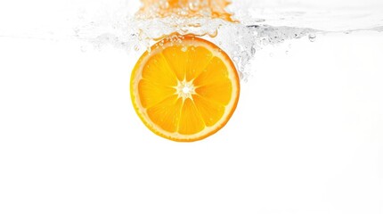 Orange slice plunges into water creating bubbles against a white backdrop