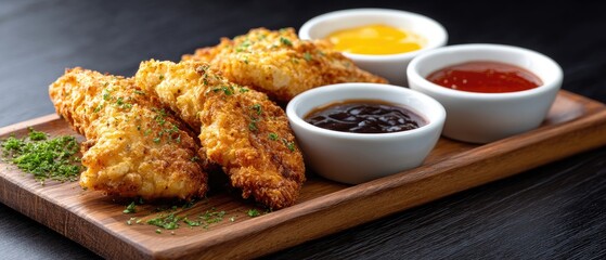 Crispy chicken tenders served on a wooden board with three dipping sauces and a garnish of fresh herbs.