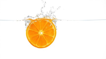 Orange slice submerged in clear water creating splash effect