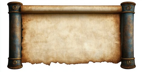 Antique parchment scroll with weathered texture and ornate wooden blue and gold handles on each side