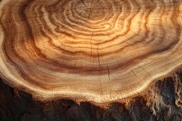 Close-up of tree trunk cross section showing detailed growth rings and textured bark in natural warm light