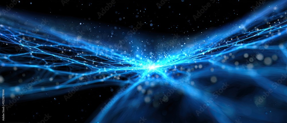 Poster abstract blue neural network lines converge with glowing particles on a dark background, symbolizing