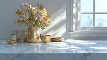 Elegant floral arrangement on marble countertop bright kitchen still life cozy atmosphere natural light home decor