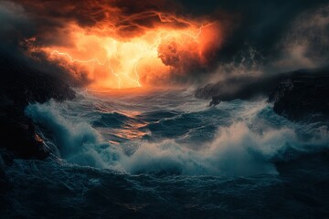 A violent thunderstorm over the ocean, massive waves crashing under a sky filled with lightning