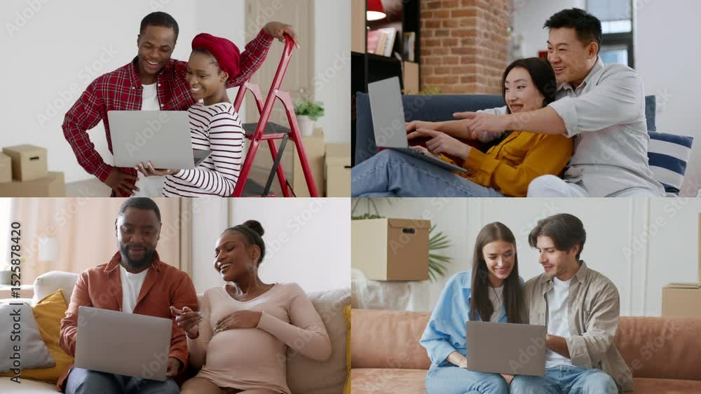 Poster four groups of diverse individuals engage with laptops in a cozy home environment. they share ideas,