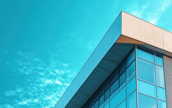 Modern office building corner with reflective blue glass windows against a bright blue sky with soft clouds