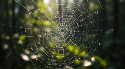 Spiderweb centered coated in dewdrops against blurred greenery lit from above