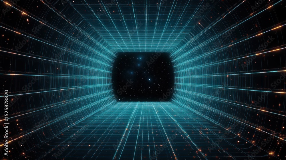 Aufkleber futuristic glowing wireframe tunnel with grid lines and sparks leading to a starry space opening cre