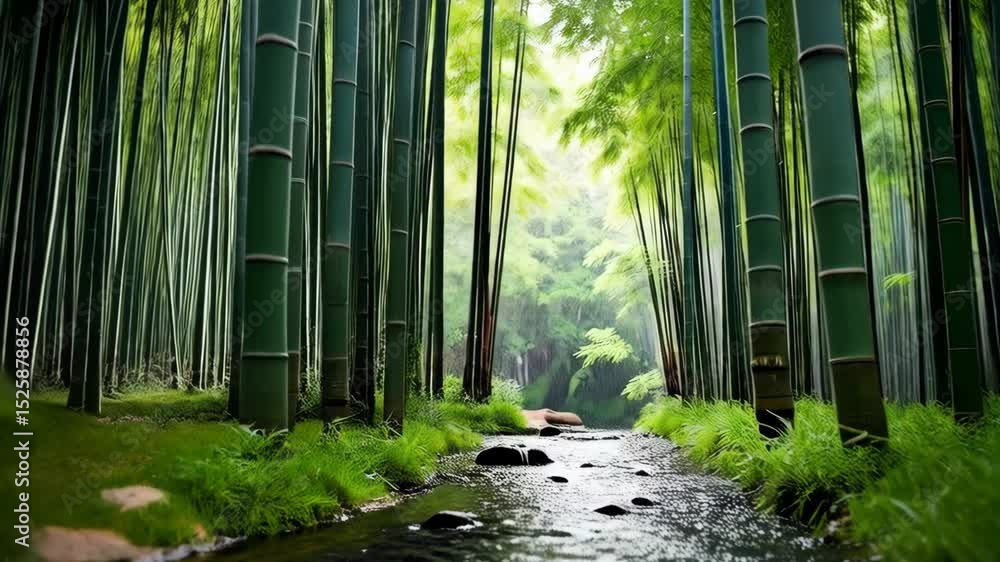 Poster lush bamboo grove scene with a shallow stream flowing through the forest floor, creating a serene an