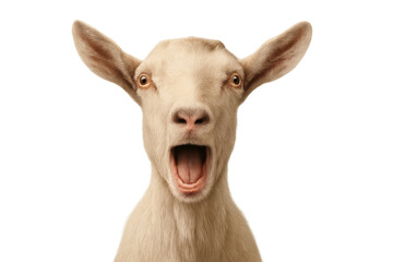 Goat bleating with wide-open mouth, loud vocal expression against transparent background