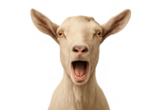 Goat bleating with wide-open mouth, loud vocal expression against transparent background