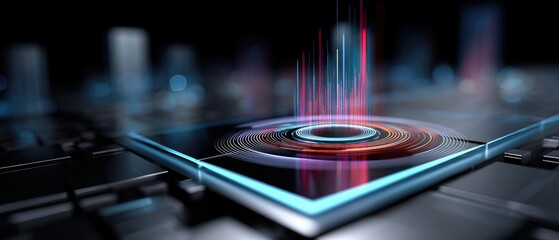 A glowing digital interface displays colorful data visualizations and futuristic graphics on a dark, high-tech surface.