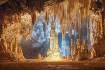 Illuminated limestone cave interior with dramatic stalactites and stalagmites showcasing natural mineral formations and textures