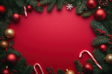 Festive Christmas border with green pine branches, red and gold baubles, candy canes, pine cones, and snowflake on red background creating cheerful holiday frame