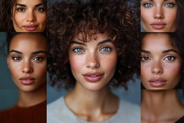 Collage of six close-up portraits of diverse women with natural makeup and expressive eyes, featuring different skin tones, curly and straight hair, and freckles
