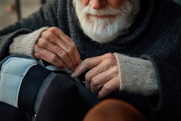 Elderly man with white beard wearing cozy sweater fixing or adjusting strap on a bag with focused hands