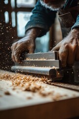 Close-up of a craftsman using a hand planer on a wooden surface with flying wood shavings in a workshop