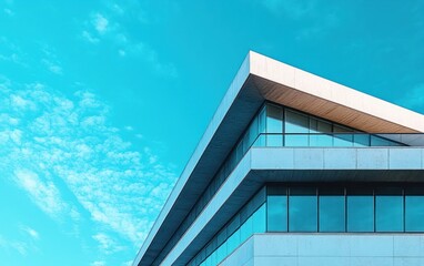Modern white concrete and glass building with sharp angled roof against bright blue sky with scattered clouds