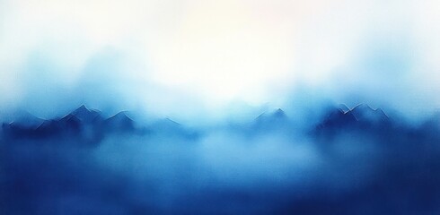 Misty blue mountain range partially obscured by thick fog under bright diffused light creating a serene and mysterious atmosphere
