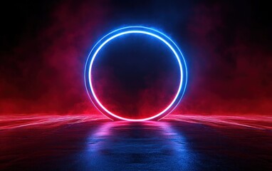 Glowing neon circle emitting blue and red light surrounded by mist on a dark textured surface creating futuristic and mysterious ambiance