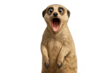 Studio shot of a surprised meerkat shouting with wide open mouth, isolated on transparent background