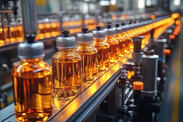 Row of amber liquid-filled plastic bottles with gray caps moving along an automated conveyor belt in a bright modern bottling factory