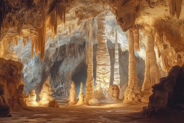 Illuminated limestone cave interior with numerous stalactites and stalagmites showcasing natural rock formations in warm light