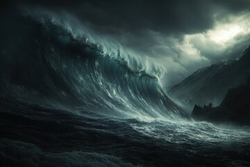 A massive wave crashing against a seawall as a typhoon approaches, with dark clouds overhead 