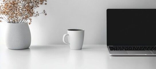 Minimalist workspace with a white mug filled with dark liquid, dry flowers in a white vase, and a partially visible laptop on a clean white desk