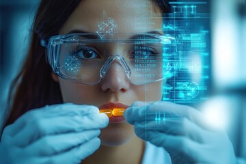 Focused scientist wearing protective goggles and gloves examining two yellow capsules with futuristic holographic data overlays in a high-tech laboratory