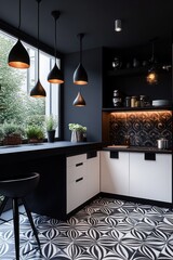modern kitchen interior with black and white patterned floor tiles, white lower cabinets, black walls, hanging black pendant lights, and large window with plants on the sill creating a cozy atmosphere