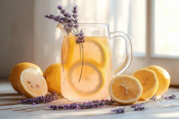Glass pitcher of fresh lemon water with lemon slices and lavender sprigs on wooden table with natural sunlight