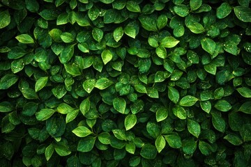 Dense cluster of vibrant green leaves with water droplets creating a fresh and natural atmosphere