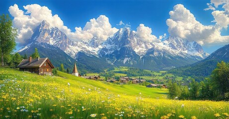 Sunny mountain valley with blooming wildflowers, rustic wooden cabin, village houses, church with steeple, and towering snow-capped peaks under blue sky with fluffy clouds