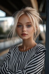 Young woman with light blonde hair and freckles wearing a black and white striped sweater standing outdoors with a soft, contemplative expression