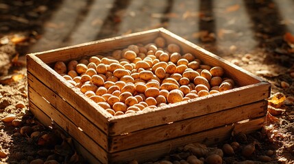 wooden crate full of heirloom potatoes placed on dry farmland, cracked earth with scattered leaves, bright natural light, rustic tones, subtle textures of skin and dust, low angle shot for emphasis