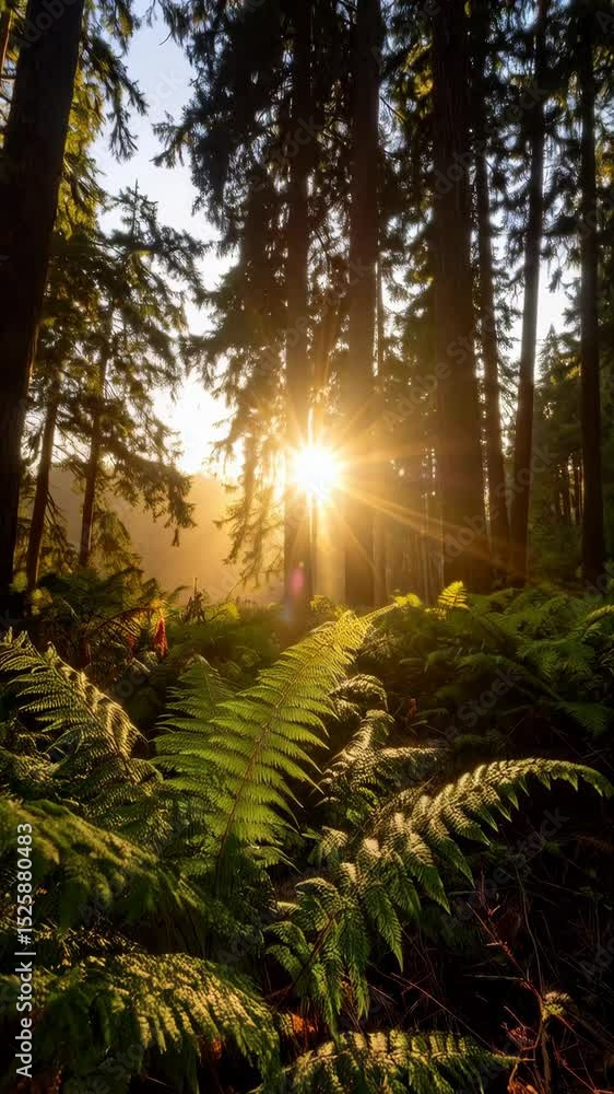 Poster lush ferns and tall trees in a tranquil forest bathed in warm sunlight creating a serene and picture