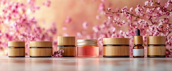 Skincare jars and bottles with wooden lids, arranged on a table against a blurred background of pink flowers
