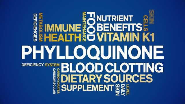 Phylloquinone Vitamin K1 animated word cloud;text design animation tag kinetic typography seamless loop.