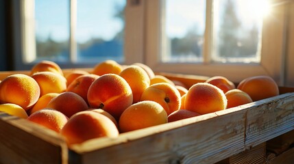 box of peaches framed by radiant soft light with shallow depth of field, calm color transitions between red-orange tones, high clarity foreground