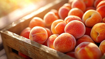 box of peaches framed by radiant soft light with shallow depth of field, calm color transitions between red-orange tones, high clarity foreground