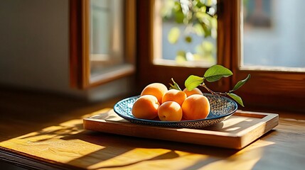 box of peaches framed by radiant soft light with shallow depth of field, calm color transitions between red-orange tones, high clarity foreground