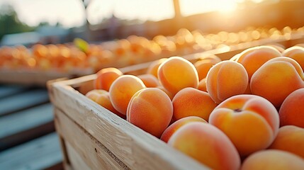natural light photography of a peach-filled crate with glowing ambient colors, radiant morning setting with realistic textures and minimal styling
